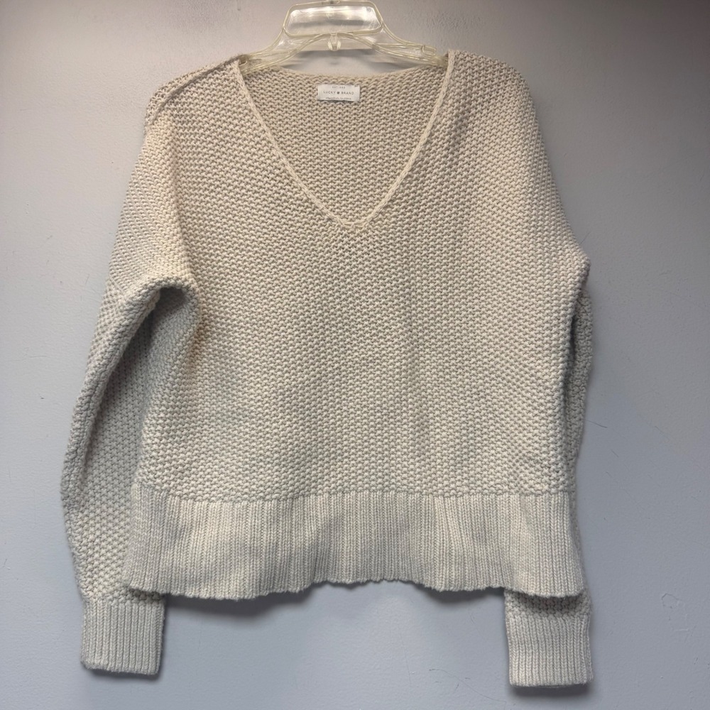 Lucky Brand V-Neck Sweater Womens XL Cream Excellent Chunky Knit Pullover